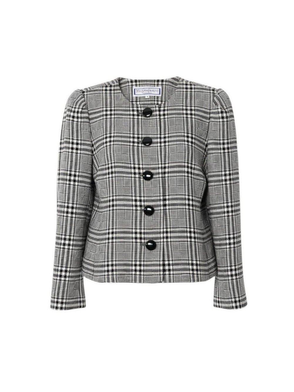 Saint Laurent Collarless Jacket Glen Check Cashmere Blend Black White Gray M